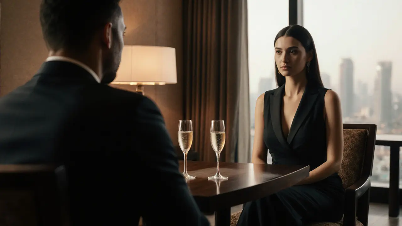A professional companion and client in a quiet hotel lounge, sharing a moment of calm over champagne.