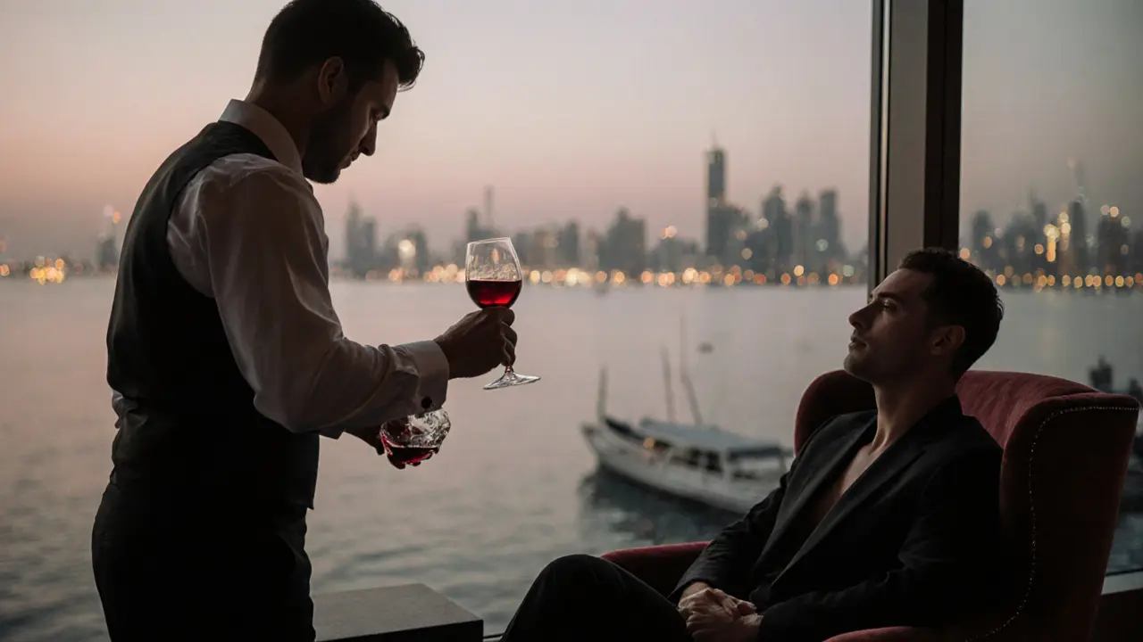 A serene wine bar at dusk with a sommelier pouring wine, overlooking calm waters and city lights.