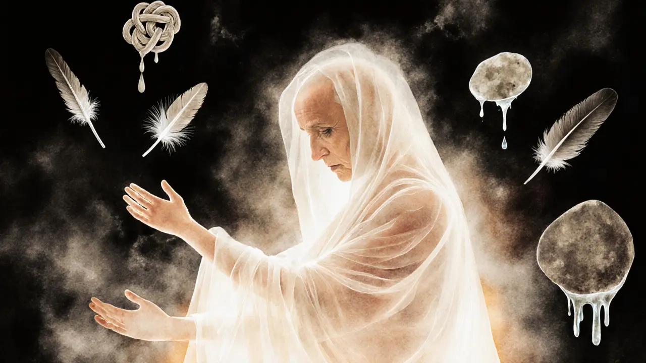 A silhouette wrapped in mist and light, being cradled by unseen hands as tension dissolves into feathers and water.