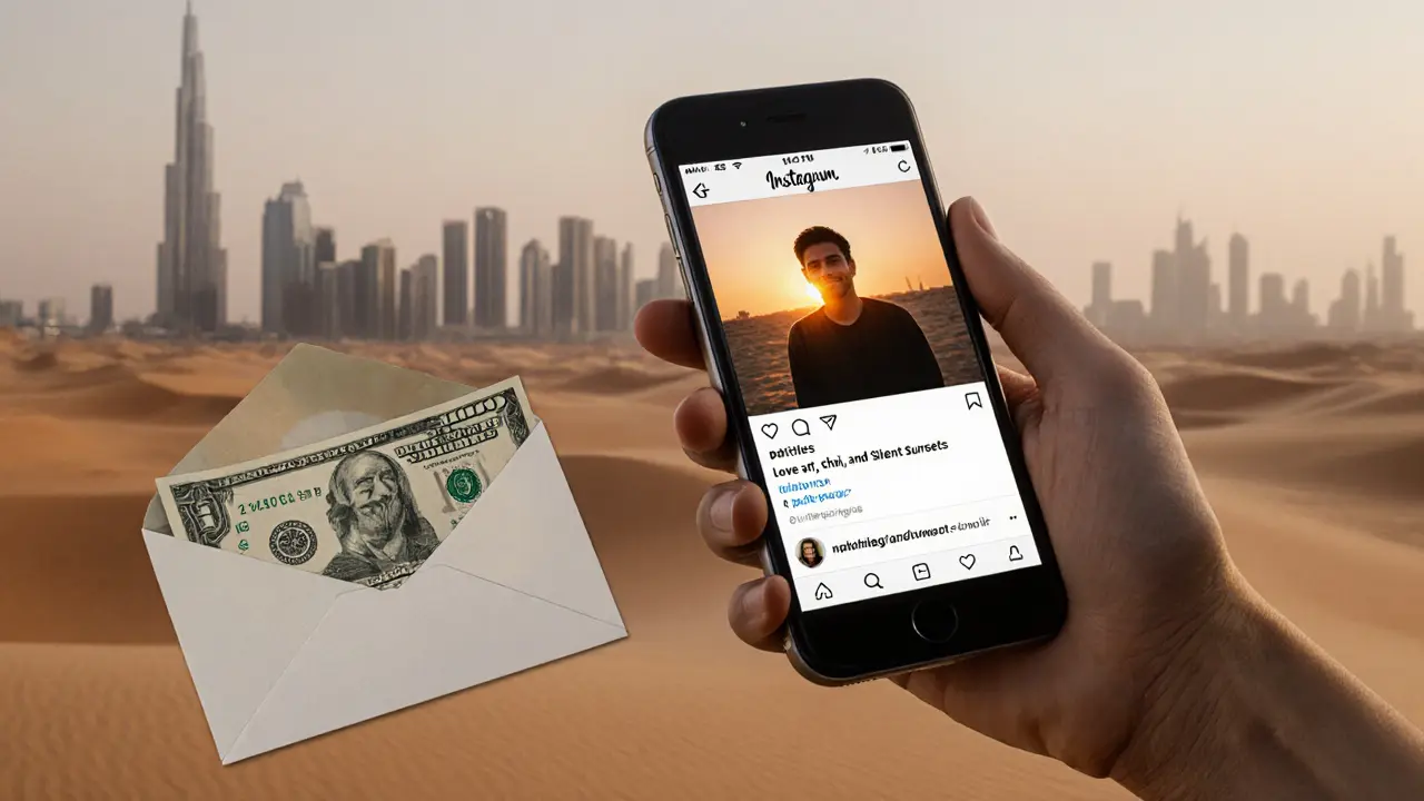 A simple Instagram profile and cash envelope beside a map of Dubai’s hidden sunset spots.