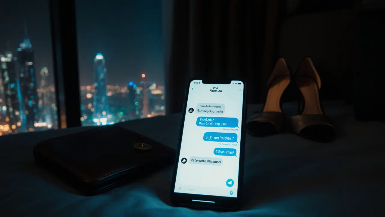 A smartphone screen showing encrypted chat messages in a dark hotel room, beside heels and a wallet.