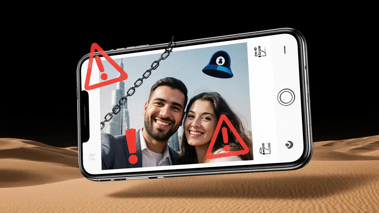 A smartphone screen shows a blurred romantic photo with warning symbols floating over it, set against a desert backdrop.