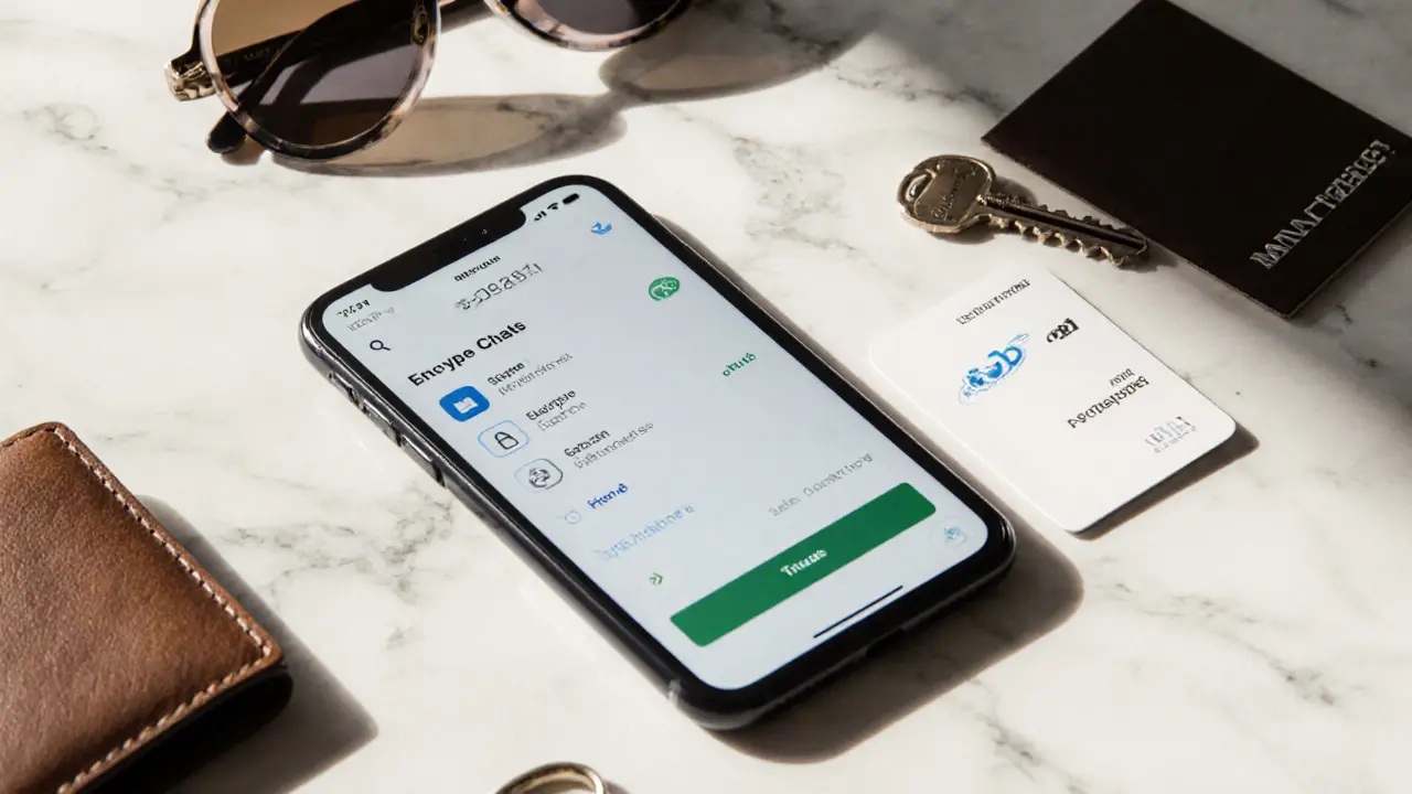 A smartphone showing a secure booking interface with luxury items on marble, symbolizing discretion and trust.