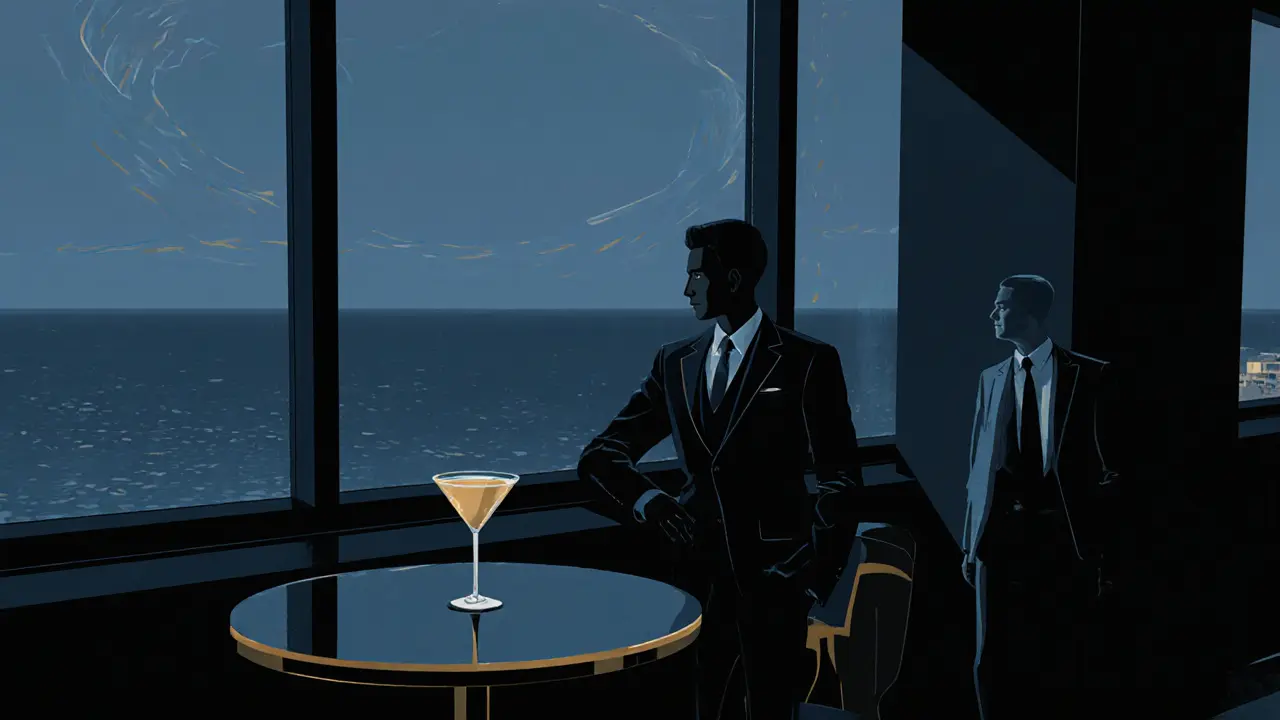 A solitary figure at a sleek beachside lounge overlooking the ocean, exuding quiet exclusivity under moody night lighting.