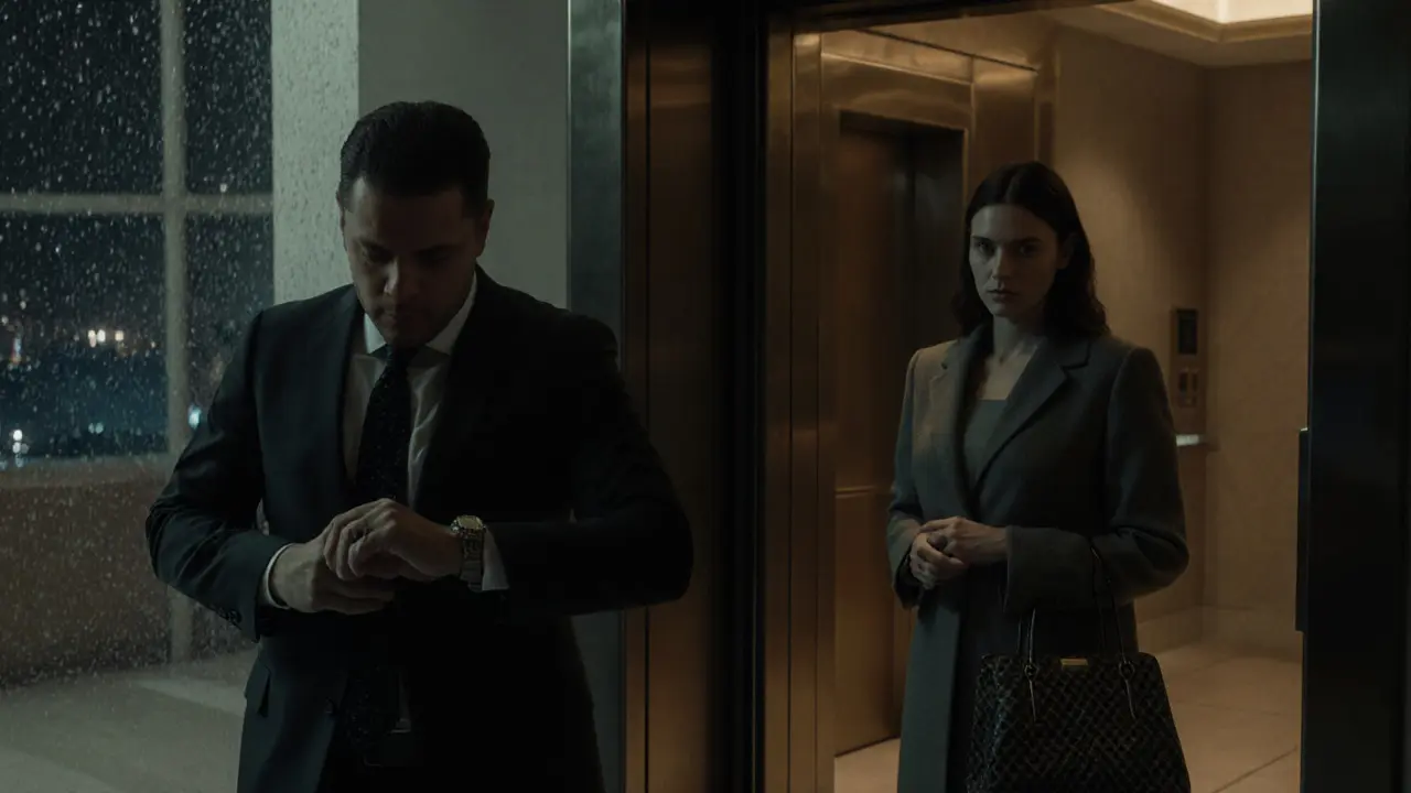 A tense encounter in a Dubai hotel lobby at night, man and woman standing apart, no interaction.