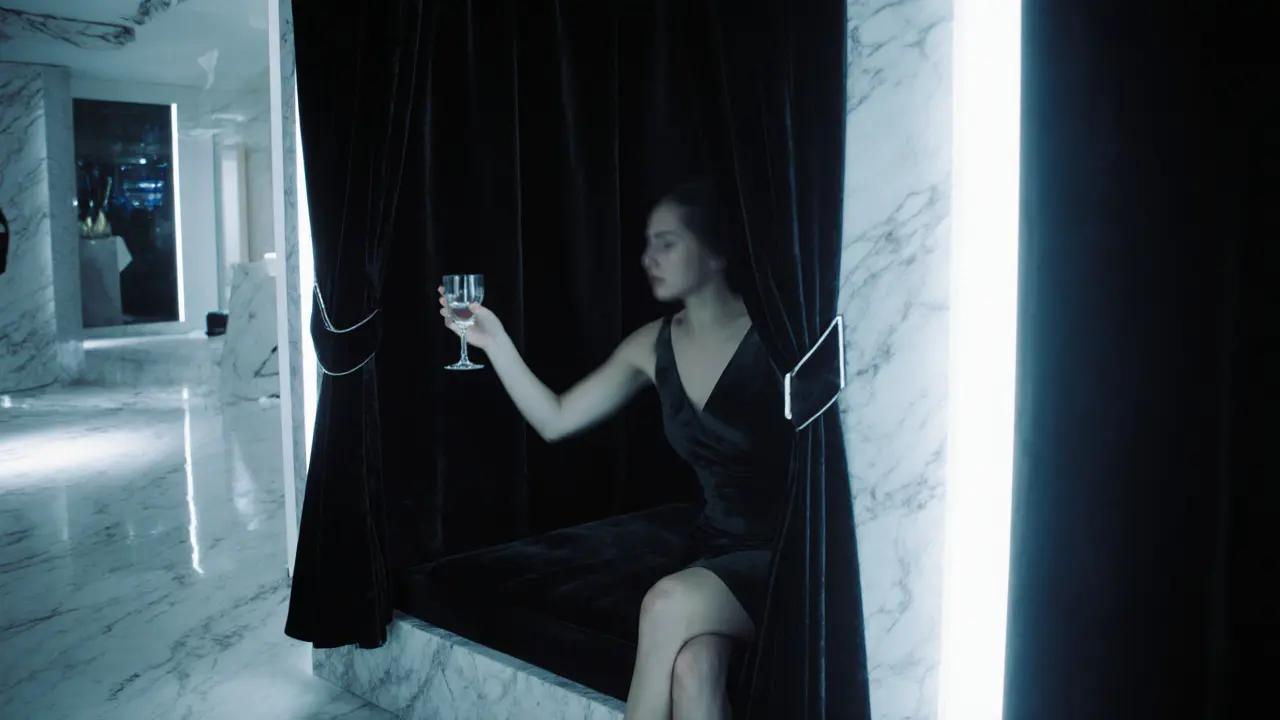 A VIP booth in an exclusive Dubai club with curtains partially closed, hinting at a celebrity presence in dim, luxurious surroundings.