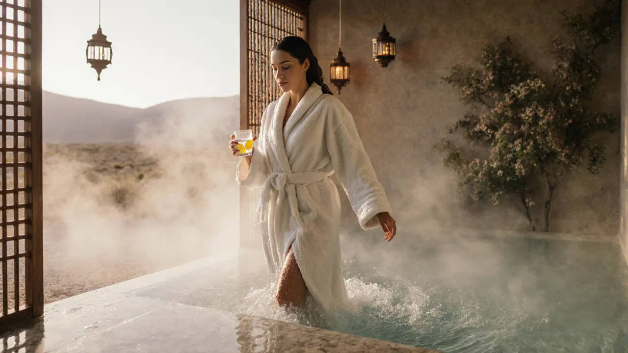 A woman emerging from a spa pool, wrapped in a robe, holding lemon water, as steam rises around her in a serene luxury setting.