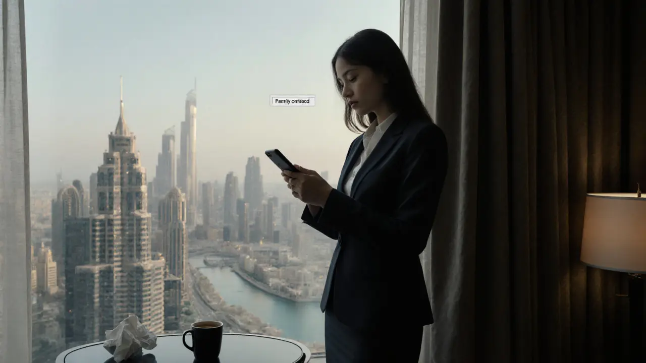 A woman in a business suit stares at her phone in a hotel room, the city outside glowing as silence weighs heavily.