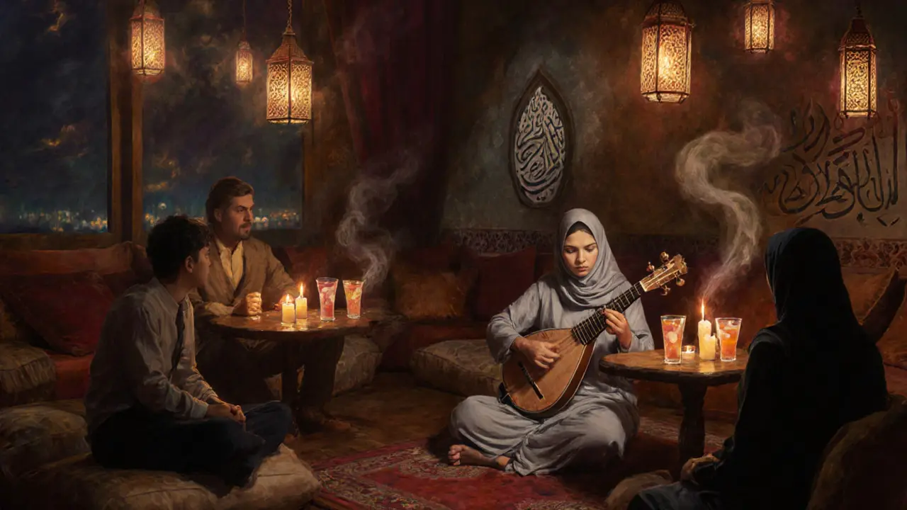 A woman playing oud at a candlelit Arabic fusion lounge in Dubai, patrons seated on cushions under lantern light.
