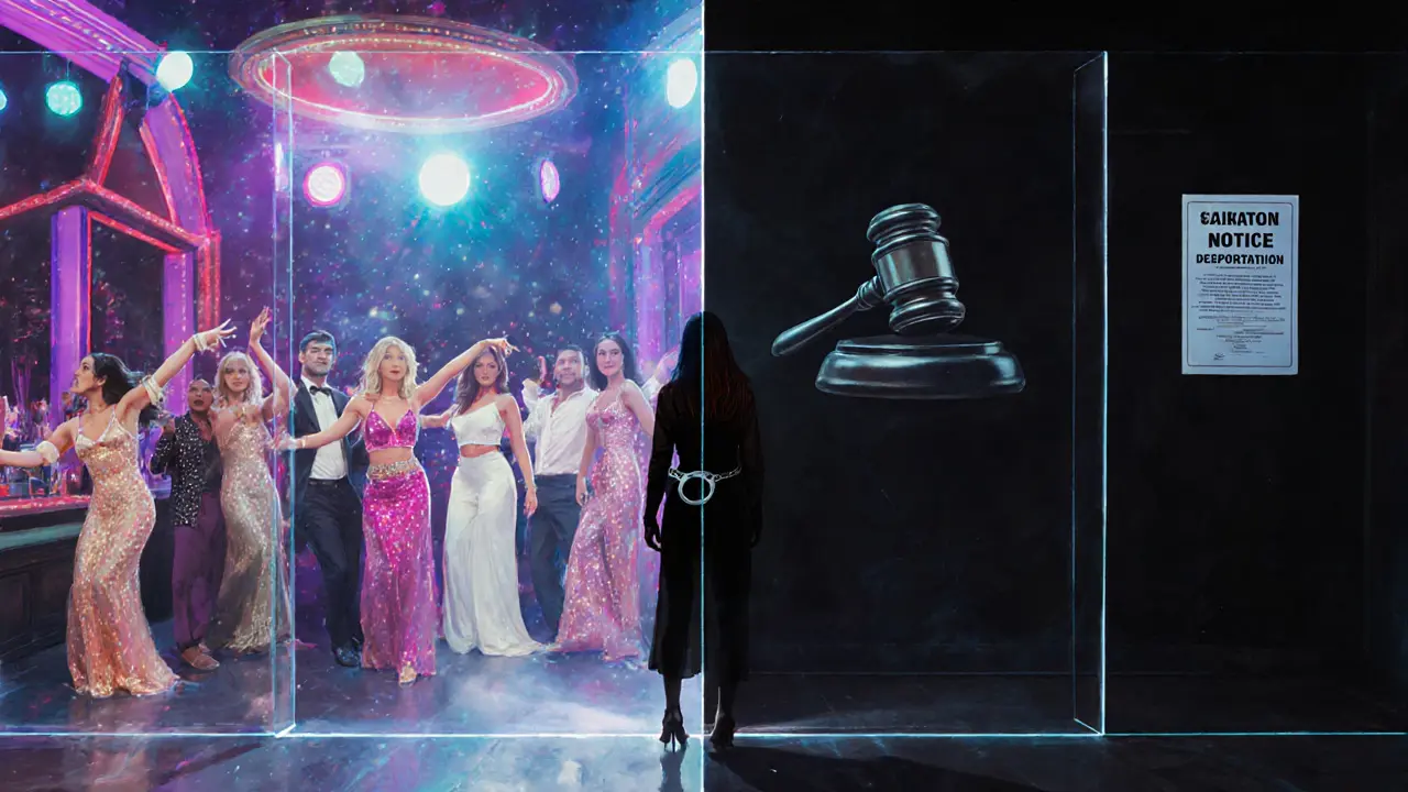 A woman standing at a symbolic barrier between a vibrant nightclub and a courtroom with deportation notices.