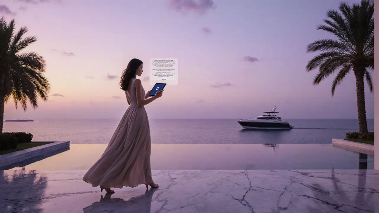 A woman walking on a private villa terrace at dusk with a yacht in the distance under a golden sky.