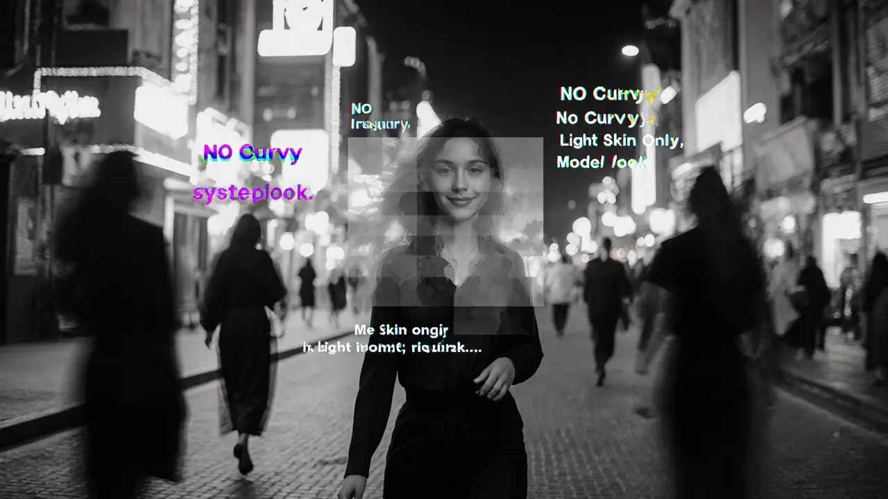 A woman walks down a neon street as her body dissolves into digital filters and client demands, while others fade into shadows behind her.