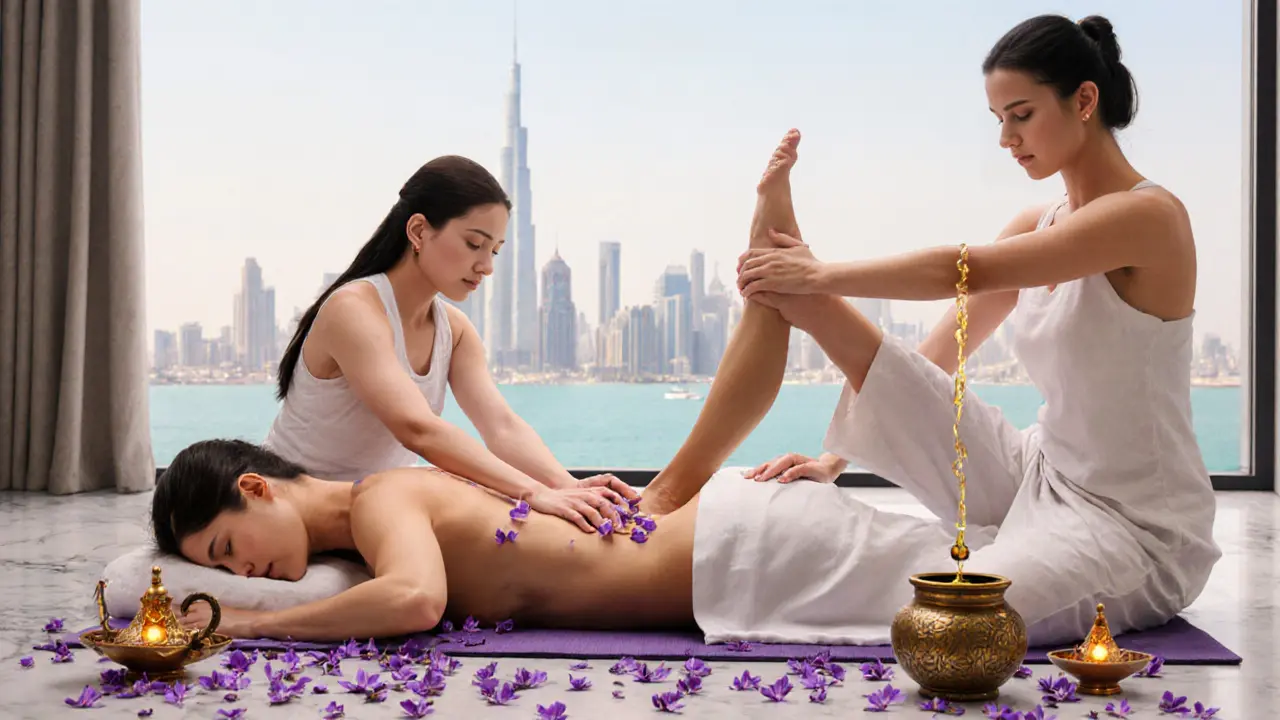 An artistic blend of Swedish, Thai, and Ayurvedic massage techniques with warm oil, lavender petals, and traditional lamps in a minimalist spa room.