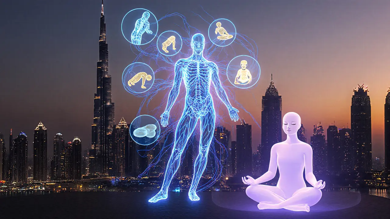 An artistic representation of a human body with glowing energy lines releasing tension, set against Dubai’s skyline at dusk.