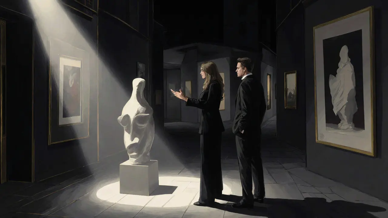 An elegant companion guiding a client through an art gallery in Alserkal Avenue at night, surrounded by modern sculptures and soft lighting.