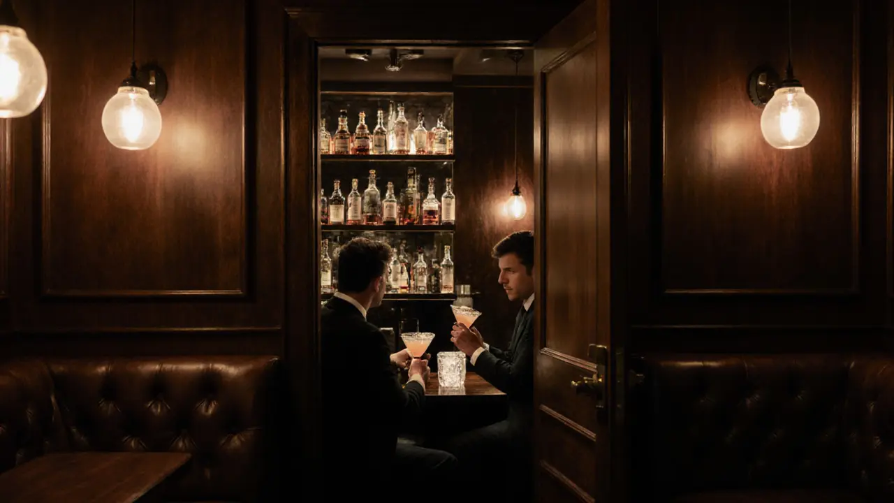 An intimate hidden bar with soft lighting, leather booths, and artisanal cocktails in a quiet arts district.