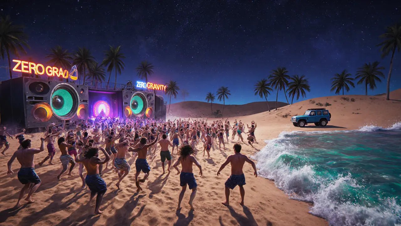 Beach club at night with crowd dancing on sand under stars, waves and neon lights.