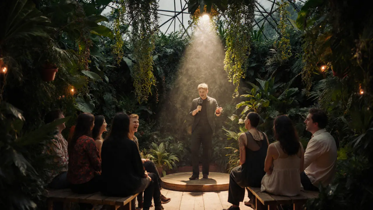 Comedy show under a rainforest dome with patrons enjoying laughs amid tropical plants and soft lighting.