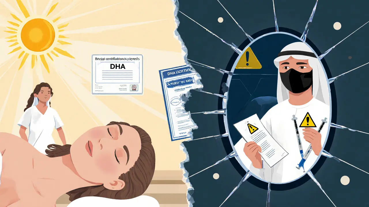 Contrasting image of safe, licensed spa therapy versus dangerous illegal activity with health and legal risks.