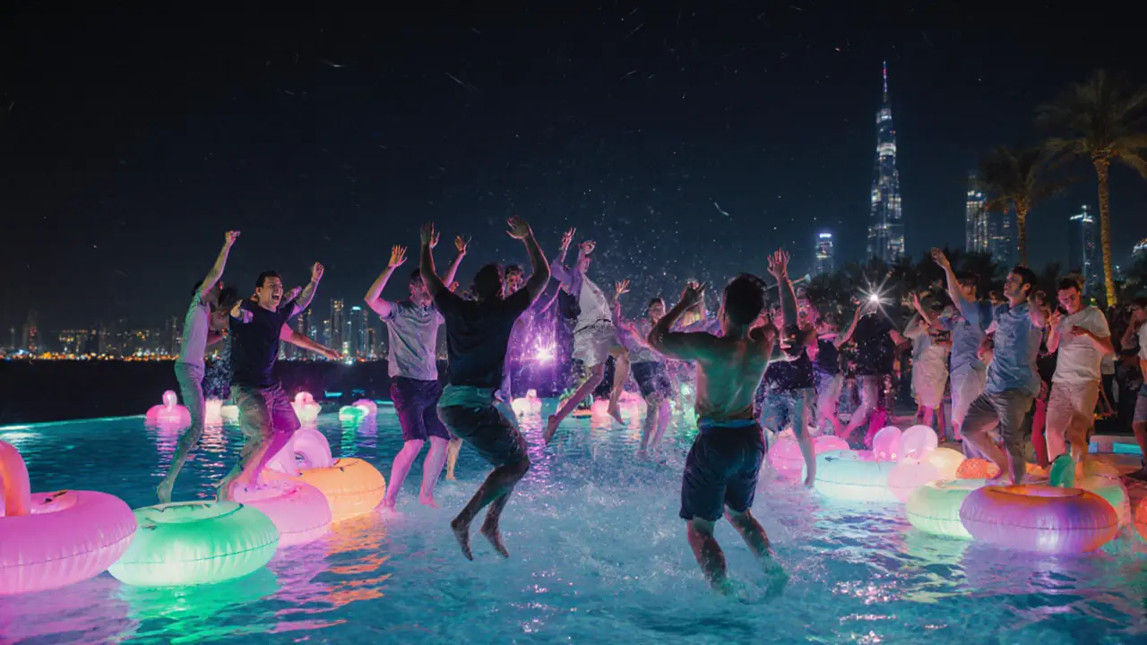 Crowd dancing on a neon-lit beach floor at White Beach Dubai with infinity pool and skyline in background.