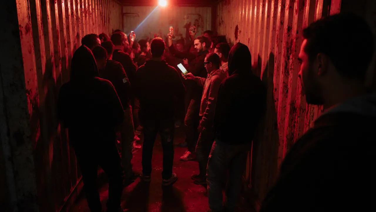 Crowd in hoodies dancing to techno music inside a dimly lit warehouse venue in Al Quoz, Dubai.