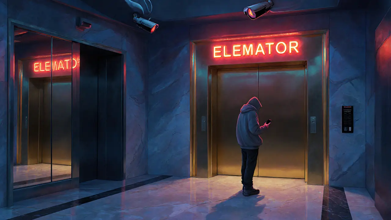 Dim hotel lobby in Dubai with a hesitant figure and glowing security cameras.