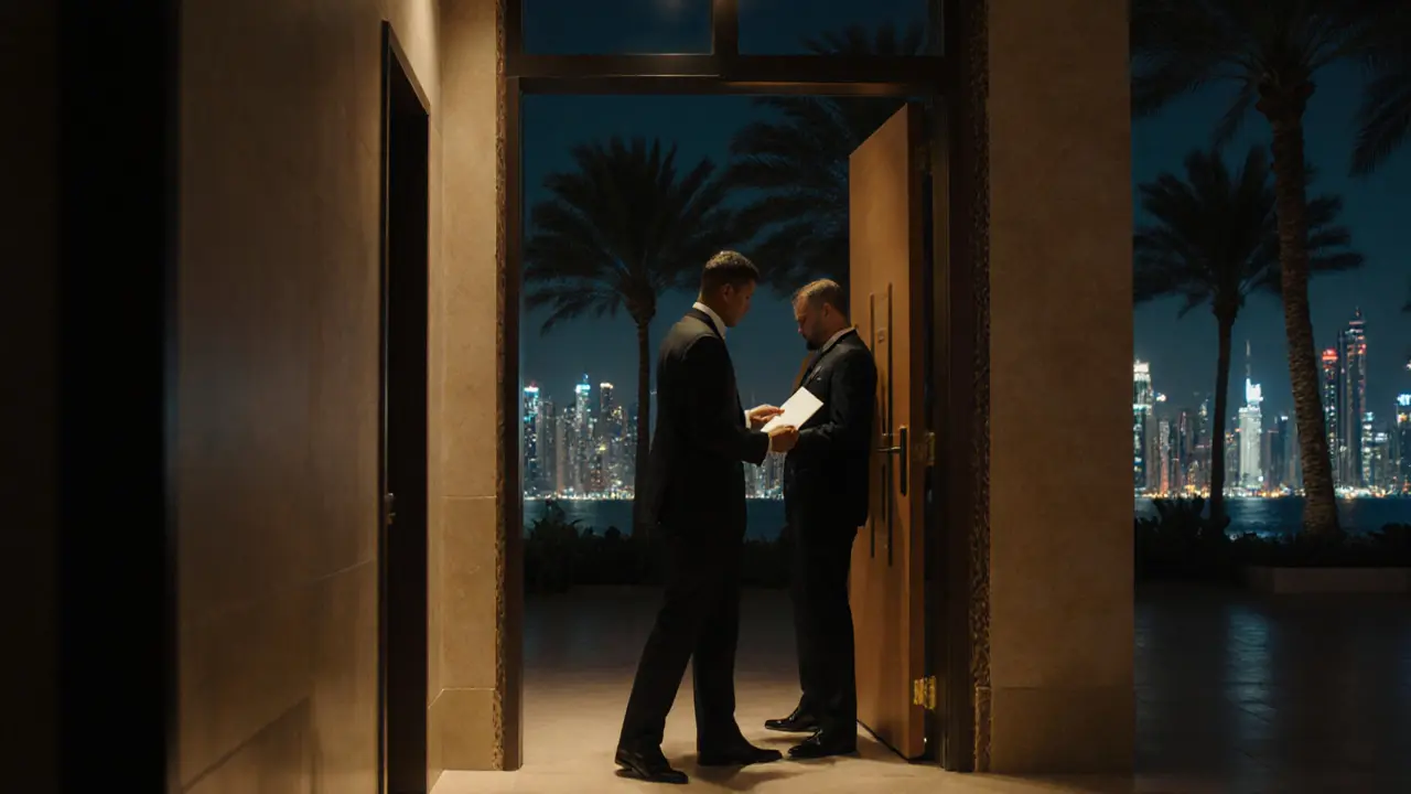 Discreet entrance to an exclusive Dubai night venue, doorman checking invitation, no signs or neon lights.