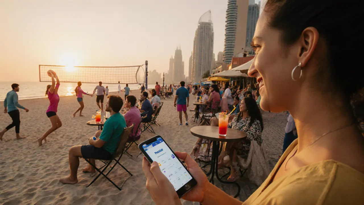 Diverse group of people socializing at Dubai beach promenade at sunset, enjoying casual activities.