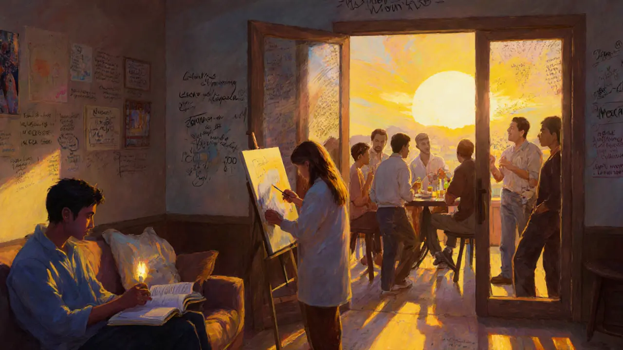 Diverse group sharing stories and art in a warm, open living room as sunrise fills the space.