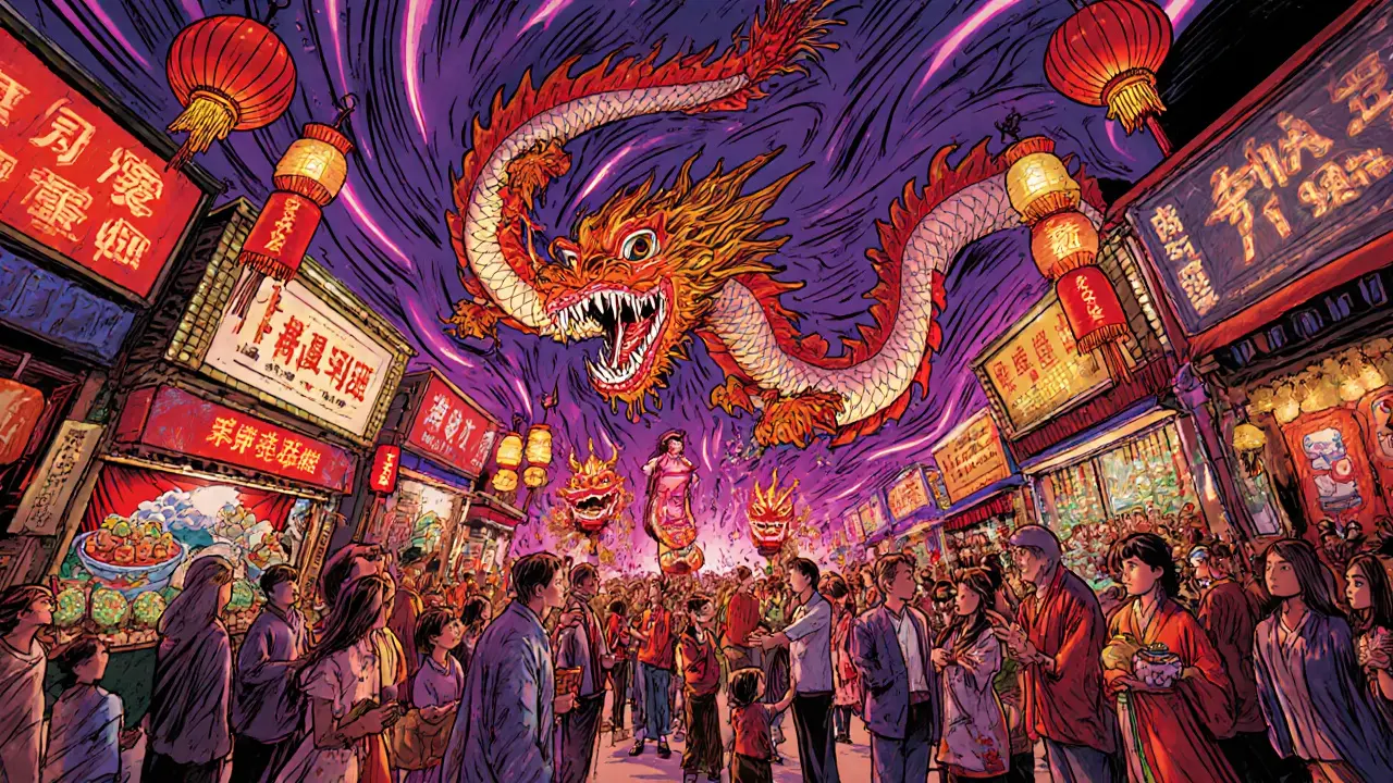 Dragon Mart 2 Night Bazaar with a vibrant dragon dance and bustling Chinese stalls under neon lights.