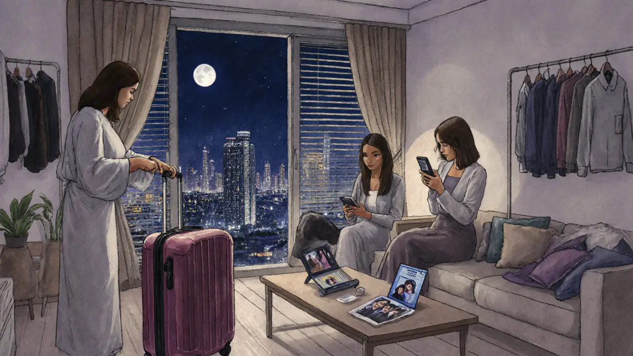 Expatriate women in a modest Dubai apartment, one packing a suitcase, another holding a family photo.