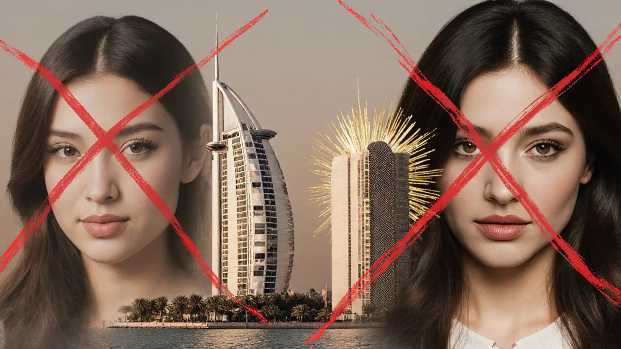 Famous performers&#039; faces crossed out over Dubai landmarks, symbolizing false claims.