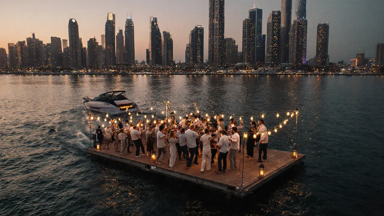 Floating beach club at dusk off Dubai Marina with speedboat arriving and guests dancing under string lights.