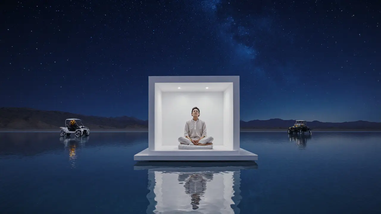 Floating pavilion at night under starry skies, guest meditating with sound bowls.