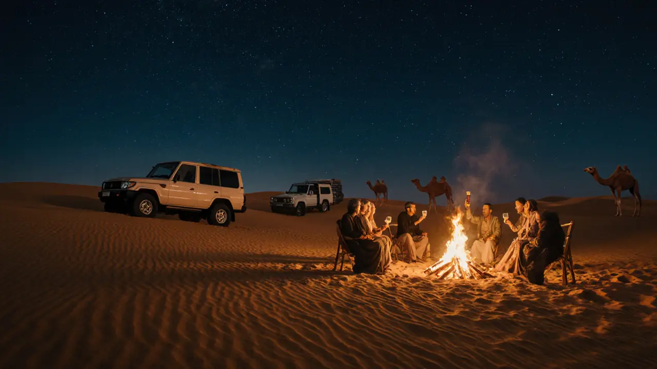 Friends gathered around a fire pit in the desert at night, enjoying BBQ under stars.
