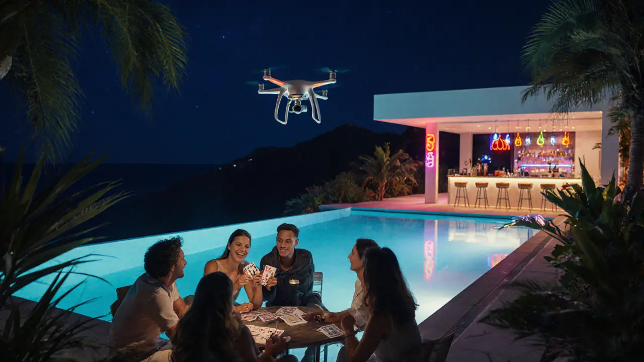 Friends laughing by a pool at a private villa at night, with a drone capturing the moment.