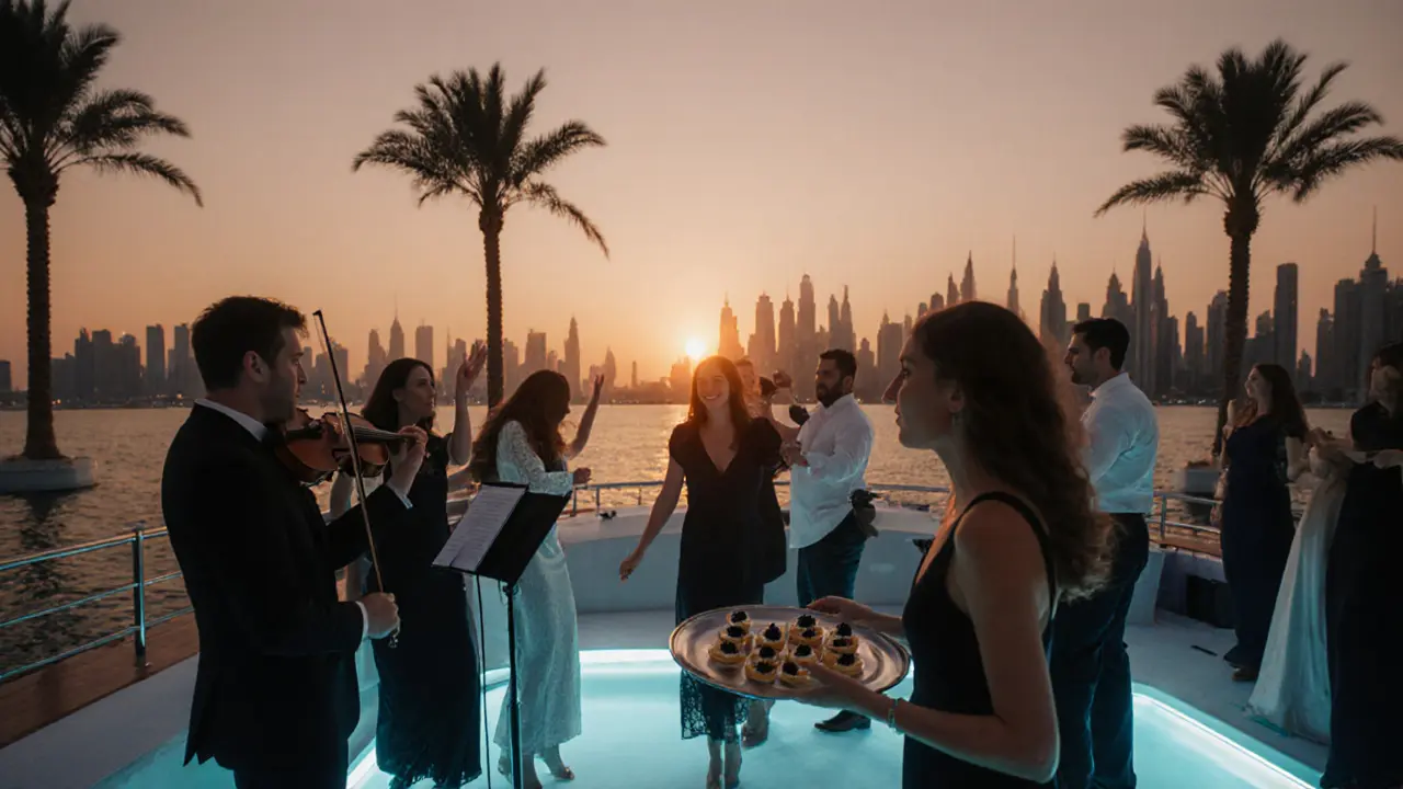 Guests dance on a lit yacht deck at dusk, violinist playing on the bow as the sun sets behind Dubai’s iconic skyline.