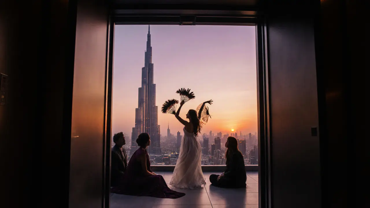 Guests quietly watch a rooftop dance performance at sunset with the Burj Khalifa glowing in the distance.