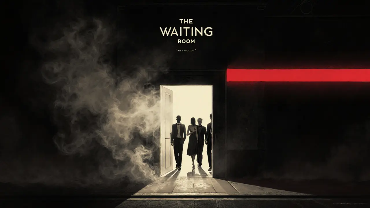 Hidden nightclub entrance in DIFC with smoke and silhouettes slipping inside.