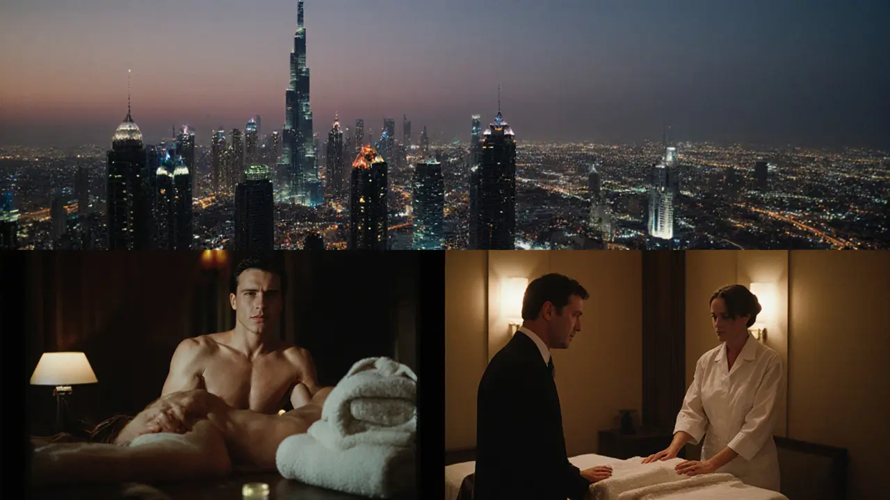 Hollywood massage scenes fading into real Dubai spa interiors, symbolizing myth vs reality against the city skyline.