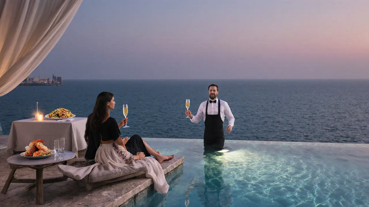 Infinity pool blending into the ocean with elegant guests and gourmet dining at dusk.