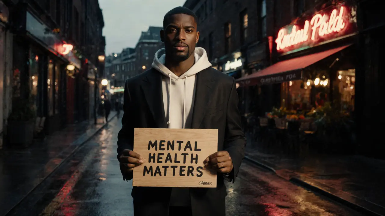 Jalen Rivers walking an alley at dusk with a mental health sign, rain reflections, emotional expression.