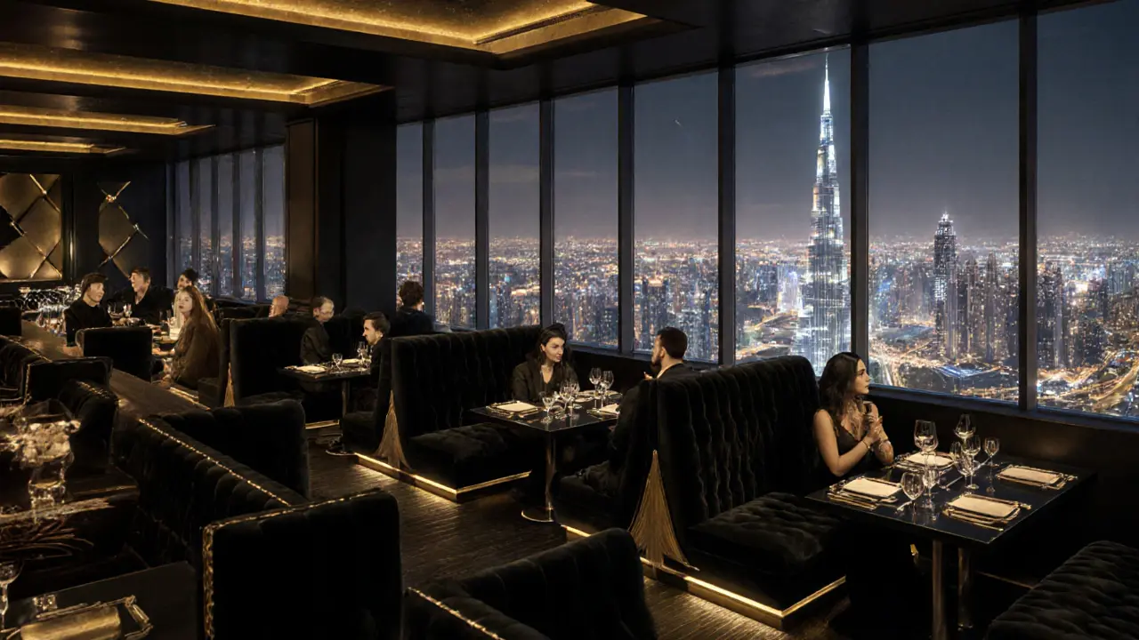 Level 43 rooftop club with black and gold decor and a view of the Burj Khalifa at night.
