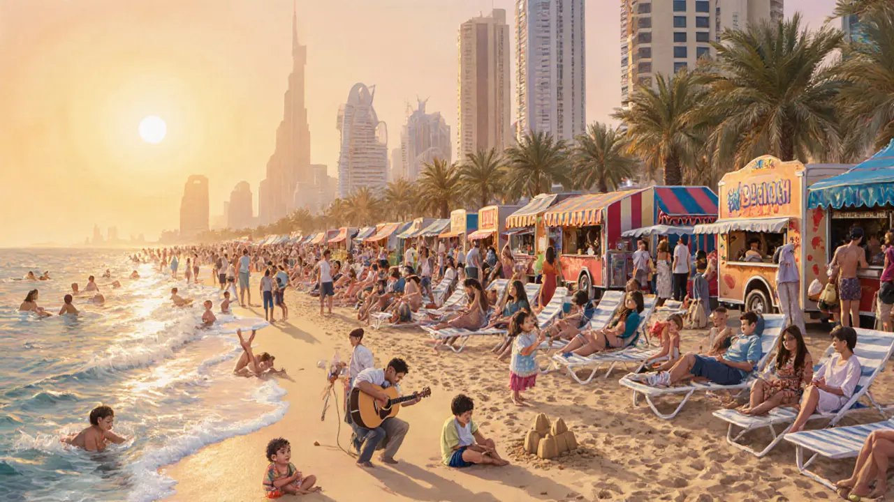 Lively public beach with families, food trucks, and live music at golden hour.