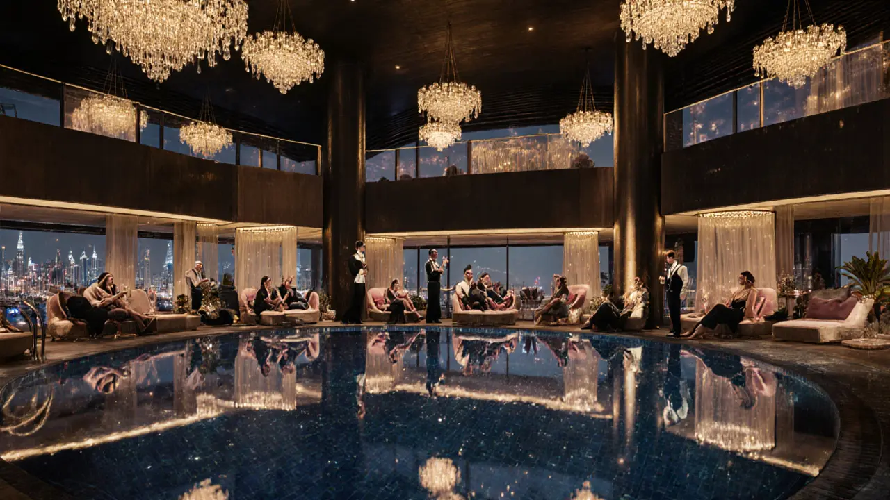 Luxury beachside nightclub with poolside dancers, cabanas, and glowing chandeliers.