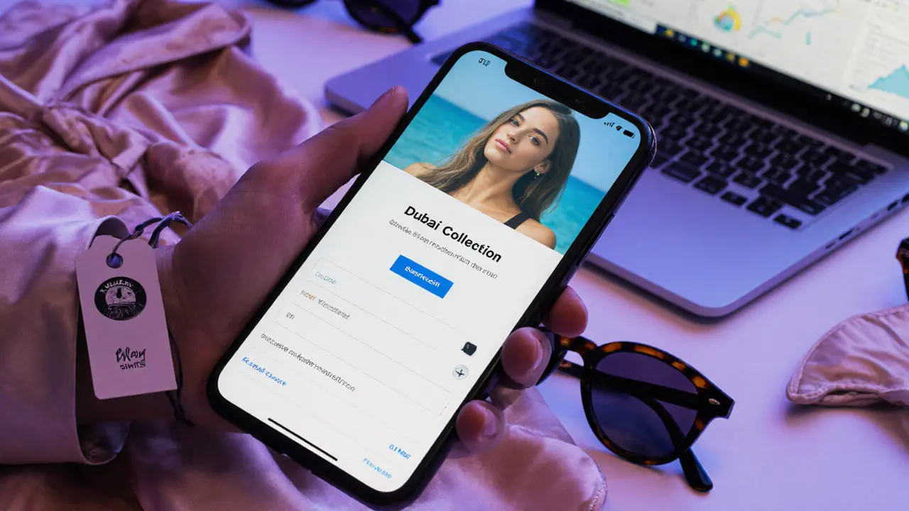 Luxury swimwear tag dissolving into a smartphone screen showing a subscription platform, with a woman&#039;s reflection in the glass.