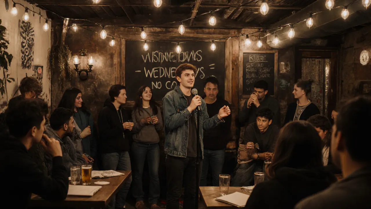 Open mic night at a casual bar with a nervous comic on stage surrounded by artsy, relaxed attendees.