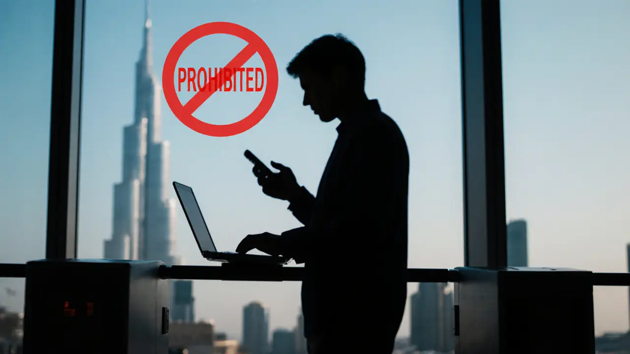 Person at Dubai airport checkpoint with devices flagged as prohibited, Burj Khalifa in background.