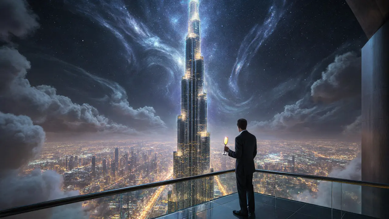 Person at Skyview Bar overlooking Dubai&#039;s city lights from the top of Burj Khalifa.