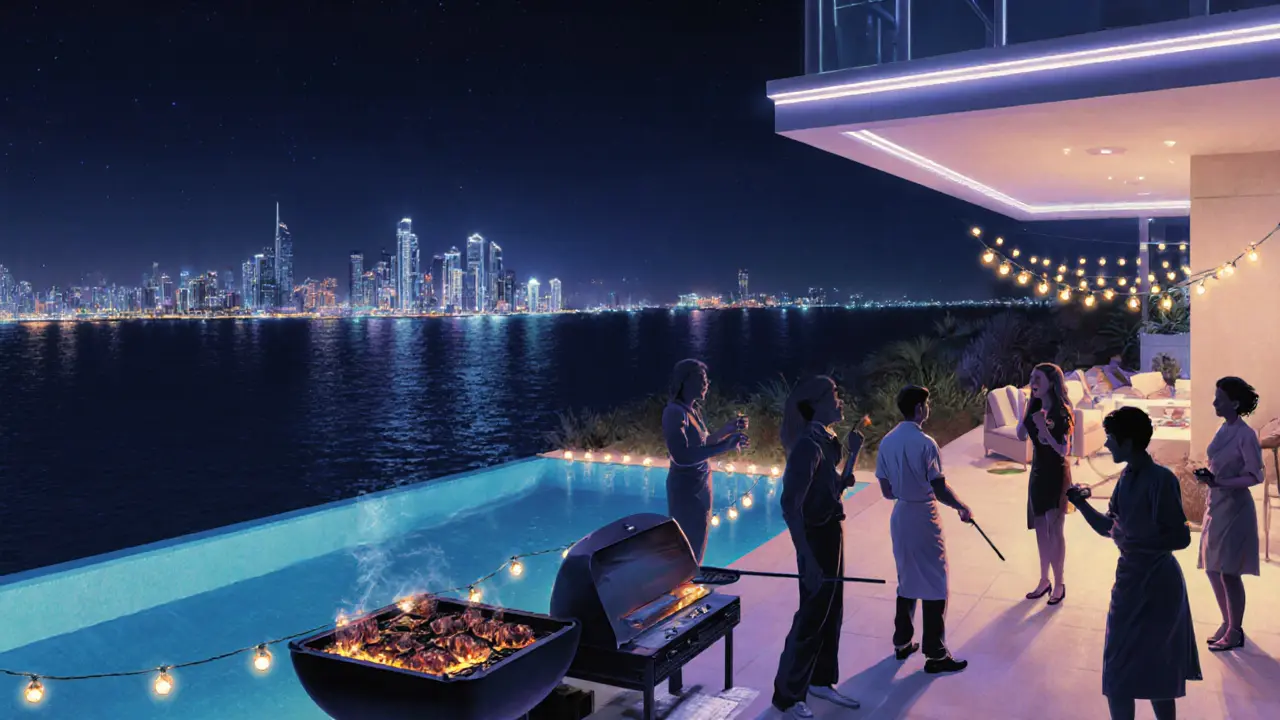 Private villa poolside at night with friends laughing under lights, city glow in distance.